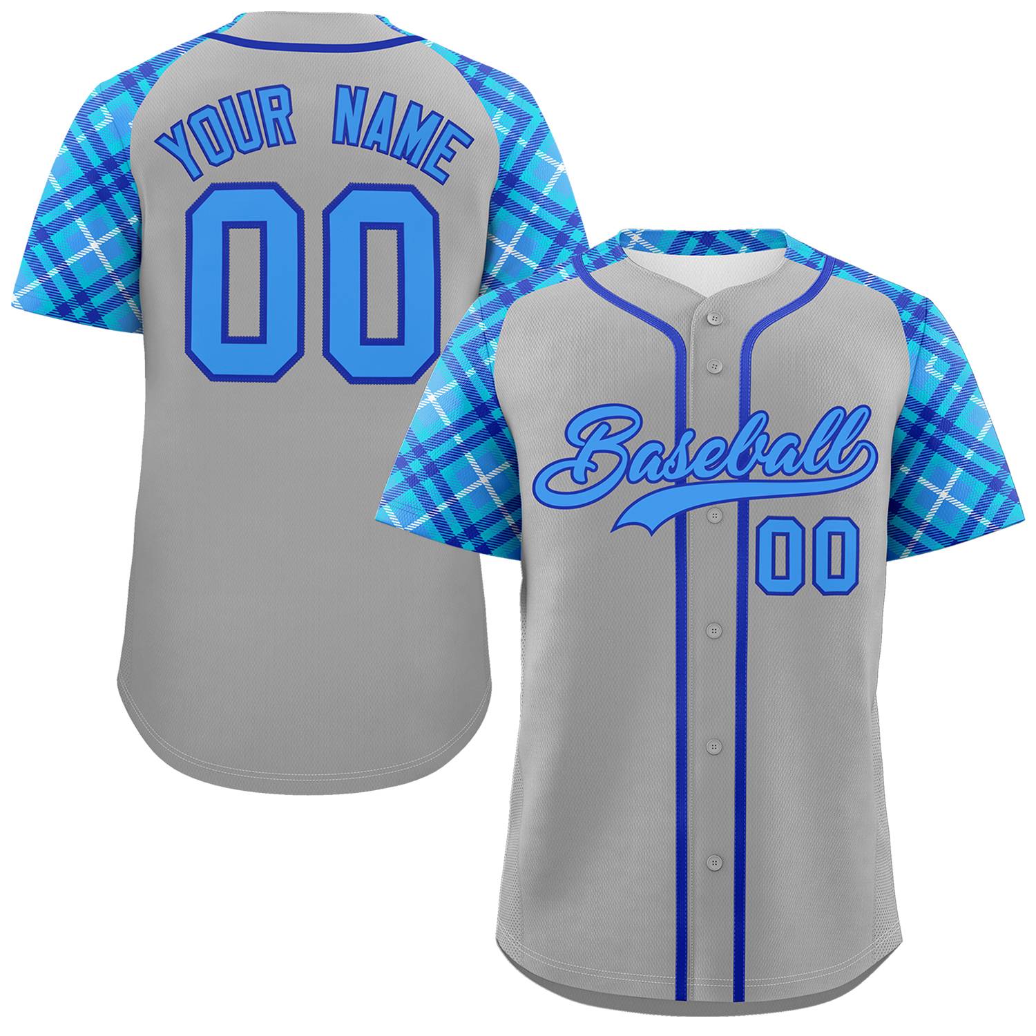 Custom Gray Powder Blue-Royal Personalized Raglan Sleeves Authentic Baseball Jersey