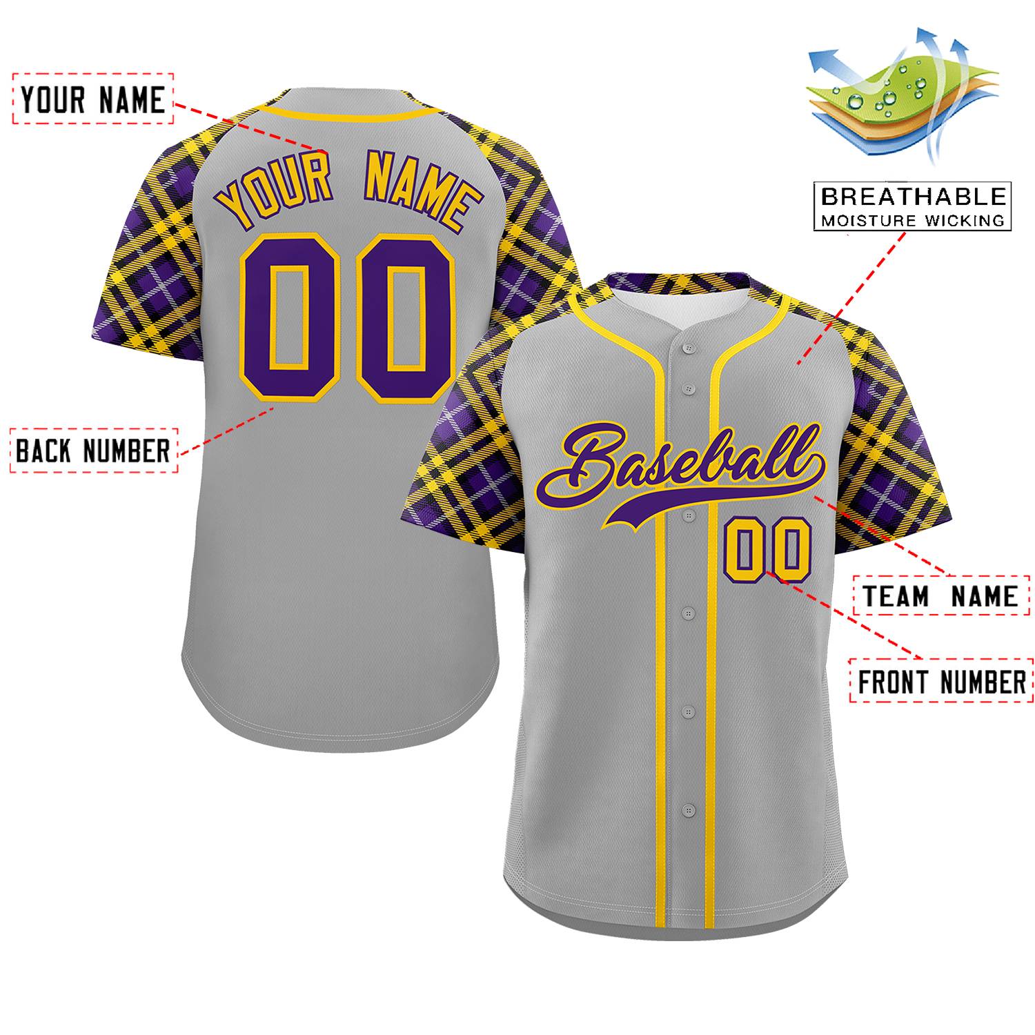 Custom Gray Purple-Gold Personalized Raglan Sleeves Authentic Baseball Jersey