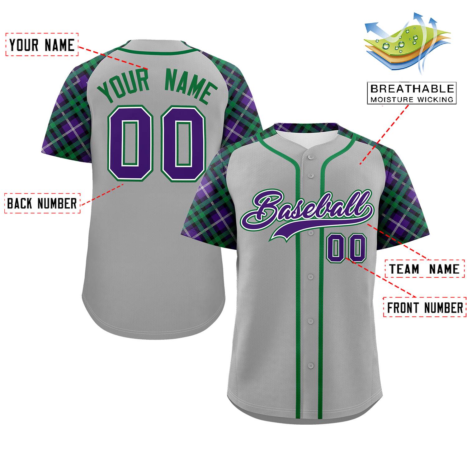 Custom Gray Purple-Kelly Green Personalized Raglan Sleeves Authentic Baseball Jersey