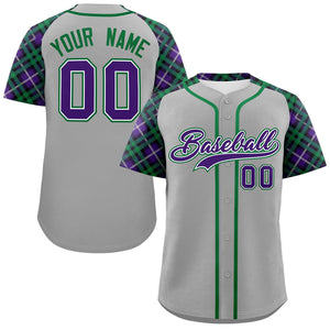 Custom Gray Purple-Kelly Green Personalized Raglan Sleeves Authentic Baseball Jersey