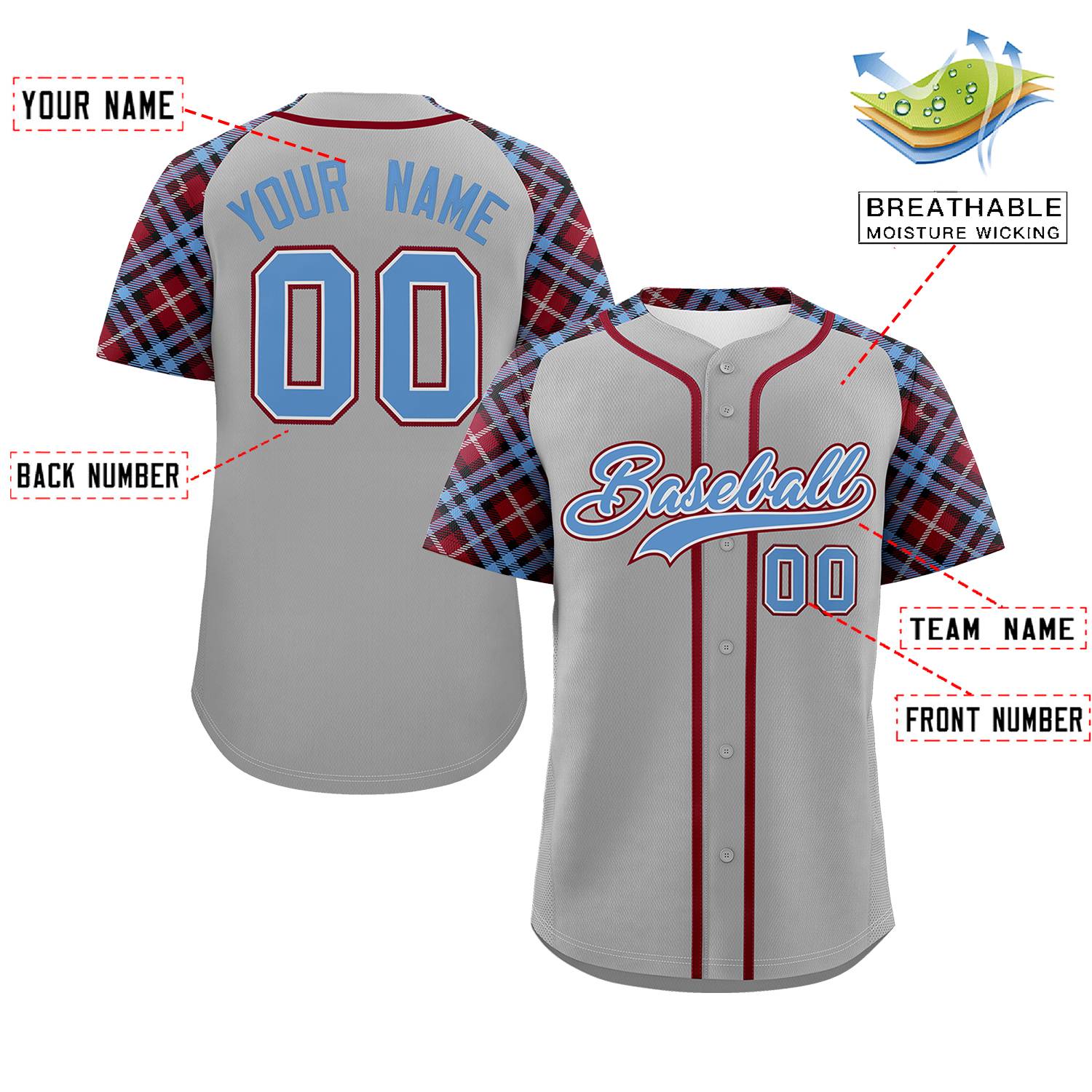 Custom Gray Light Blue-Crimson Personalized Raglan Sleeves Authentic Baseball Jersey