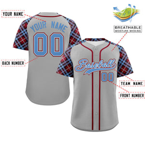 Custom Gray Light Blue-Crimson Personalized Raglan Sleeves Authentic Baseball Jersey