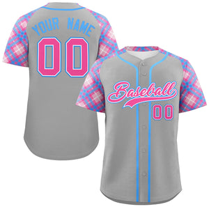 Custom Gray Pink-Light Blue Personalized Raglan Sleeves Authentic Baseball Jersey