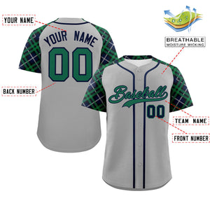 Custom Gray Kelly Green-Navy Personalized Raglan Sleeves Authentic Baseball Jersey