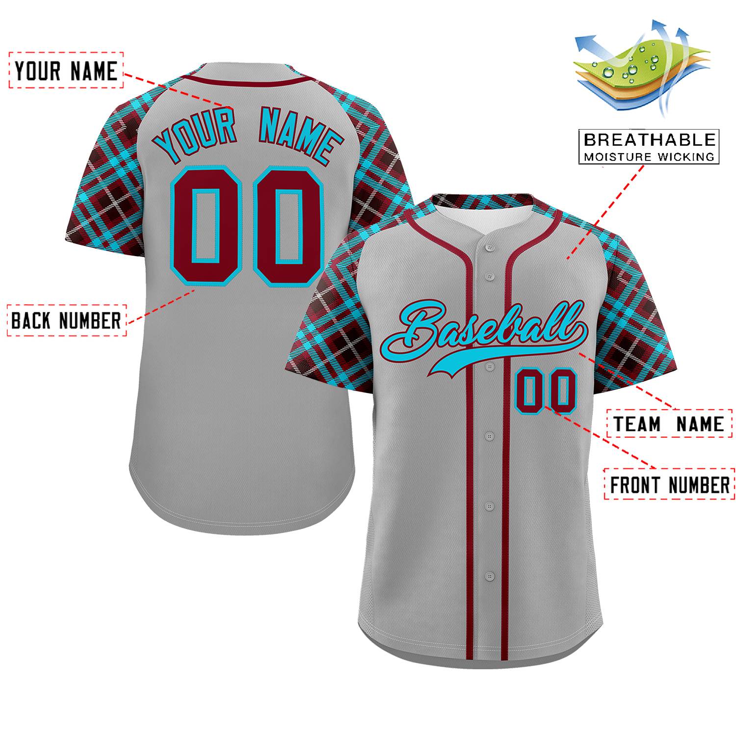 Custom Gray Sky Blue-Crimson Personalized Raglan Sleeves Authentic Baseball Jersey