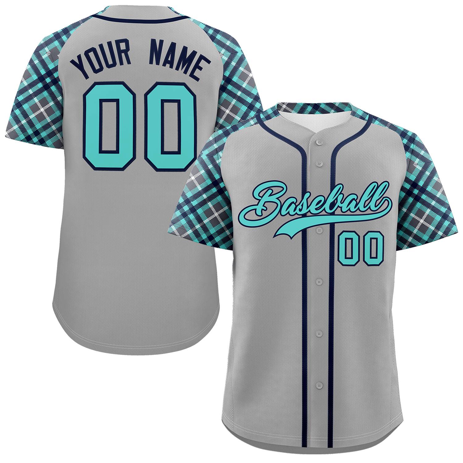 Custom Gray Bright Green-Navy Personalized Raglan Sleeves Authentic Baseball Jersey