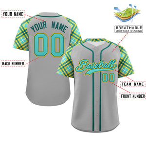 Custom Gray Green-Gold Personalized Raglan Sleeves Authentic Baseball Jersey