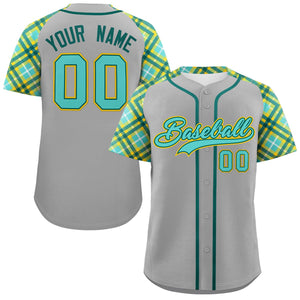 Custom Gray Green-Gold Personalized Raglan Sleeves Authentic Baseball Jersey