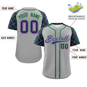 Custom Gray Purple-Teal Personalized Raglan Sleeves Authentic Baseball Jersey