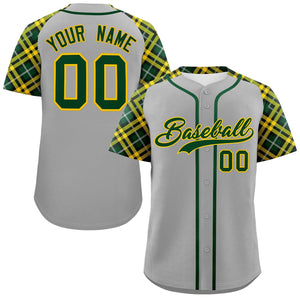 Custom Gray Green-Gold Personalized Raglan Sleeves Authentic Baseball Jersey