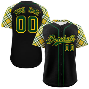 Custom Black Green-Gold Personalized Raglan Sleeves Authentic Baseball Jersey