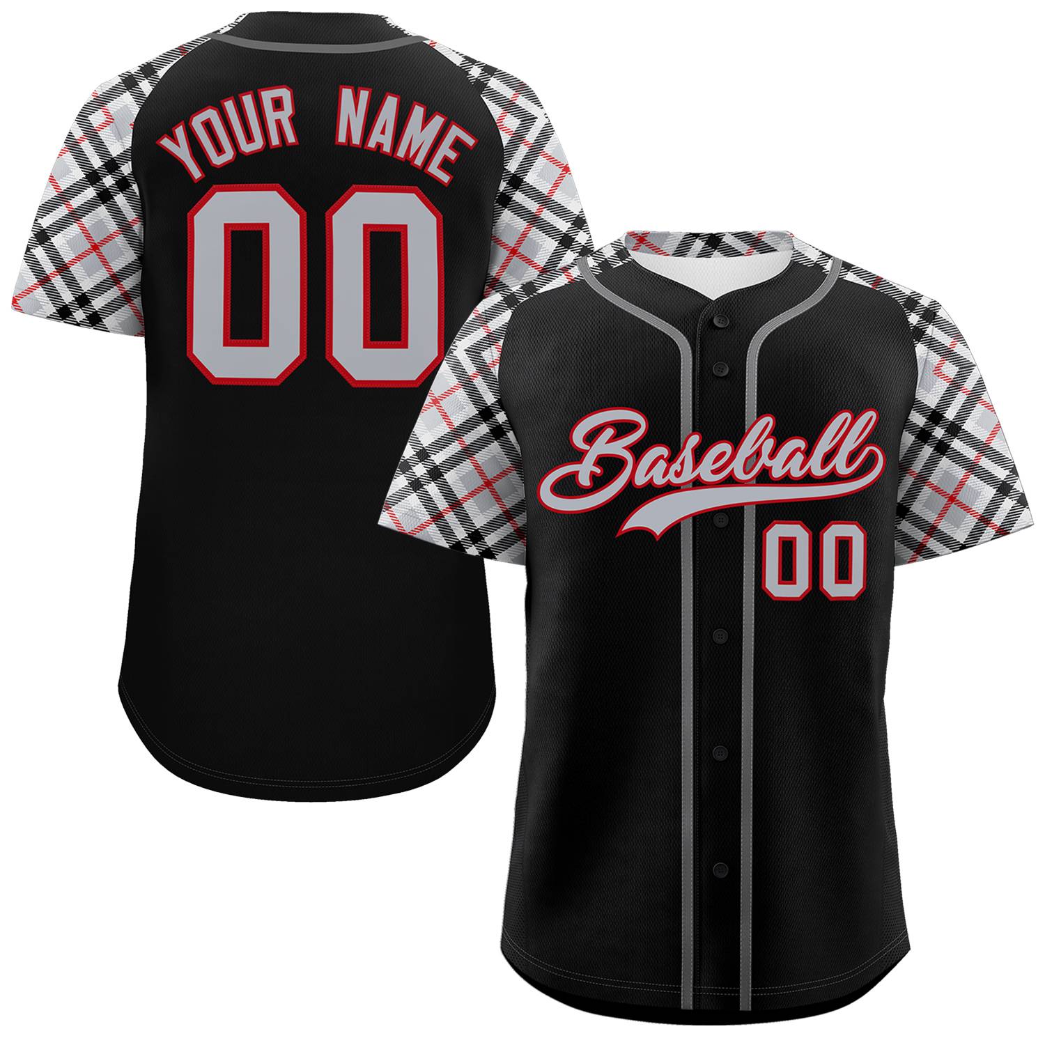 Custom Black Gray-Red Personalized Raglan Sleeves Authentic Baseball Jersey