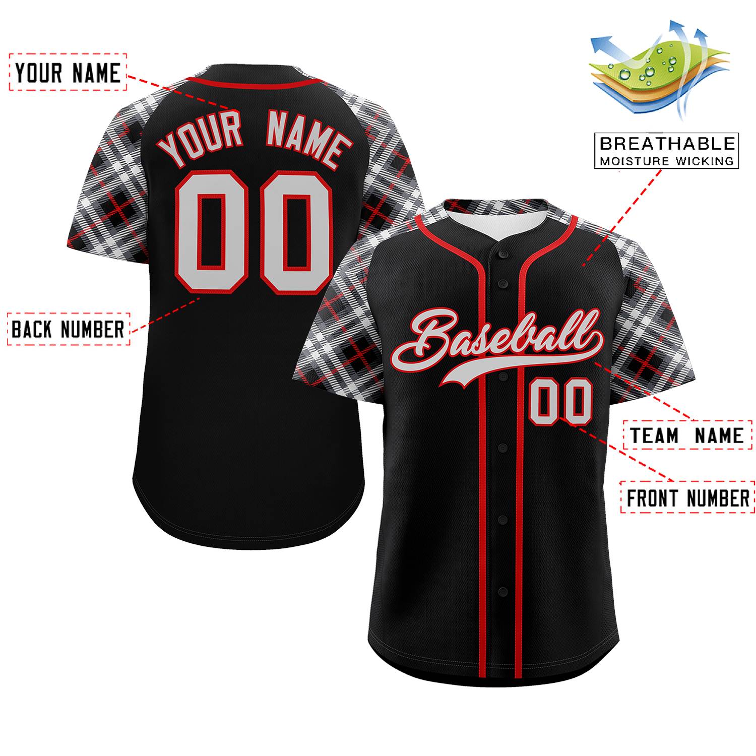 Custom Black Gray-Red Personalized Raglan Sleeves Authentic Baseball Jersey