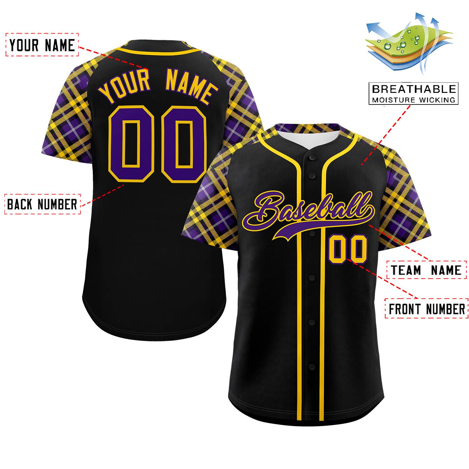 Custom Black Purple-Gold Personalized Raglan Sleeves Authentic Baseball Jersey