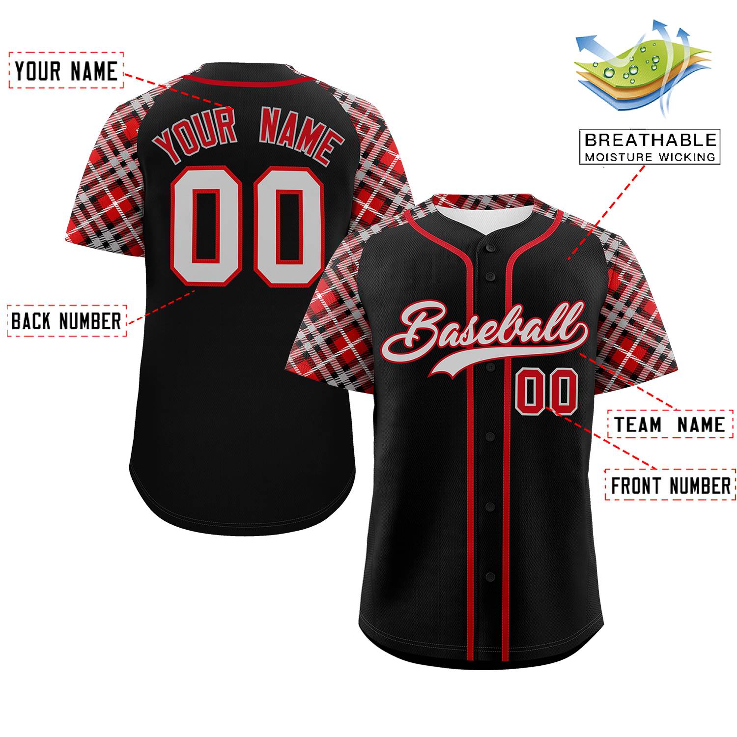 Custom Black Gray-Red Personalized Raglan Sleeves Authentic Baseball Jersey