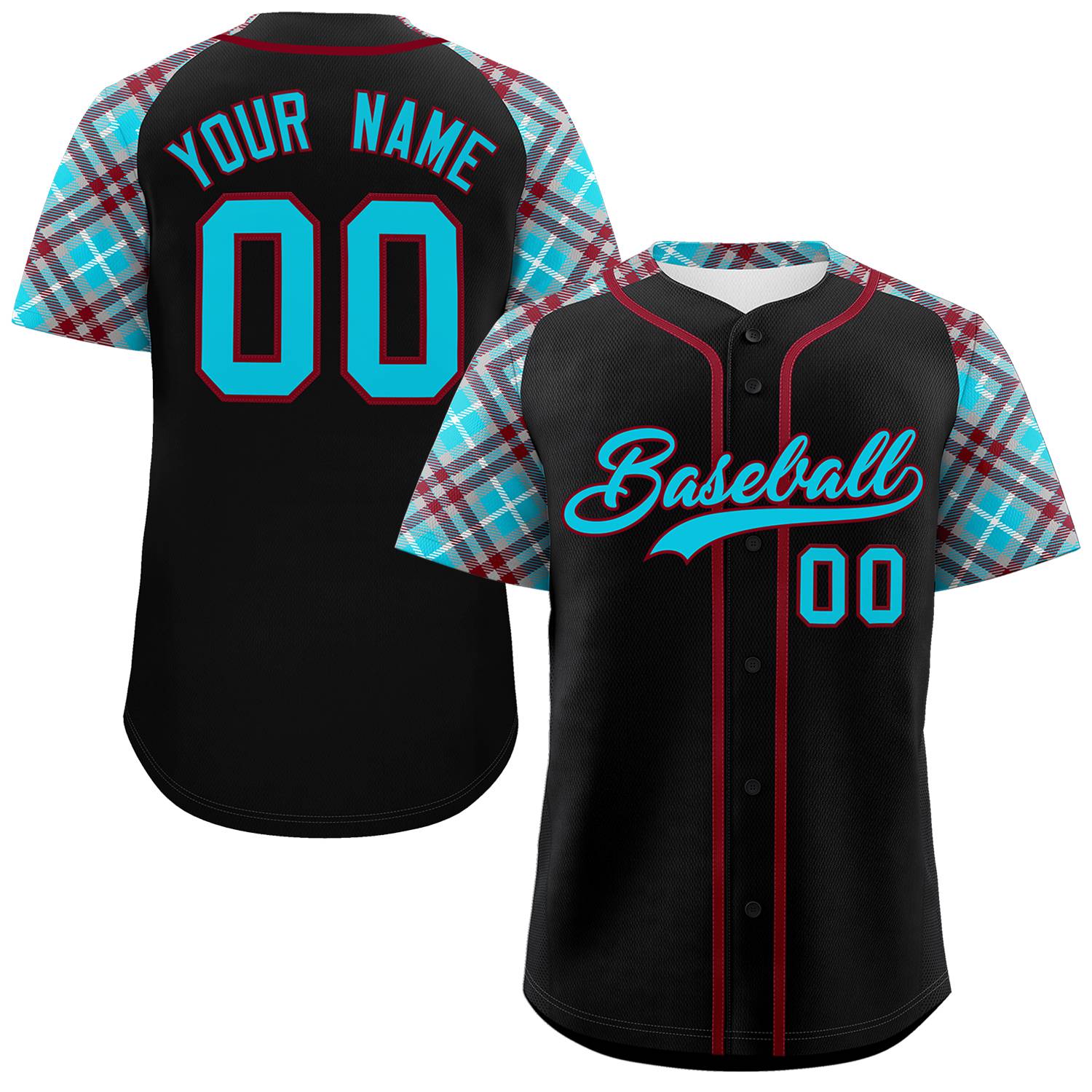 Custom Black Sky Blue-Crimson Personalized Raglan Sleeves Authentic Baseball Jersey