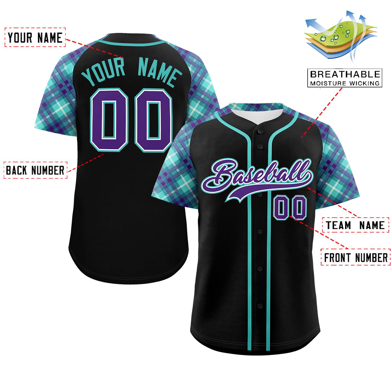 Custom Black Purple-Bright Green Personalized Raglan Sleeves Authentic Baseball Jersey