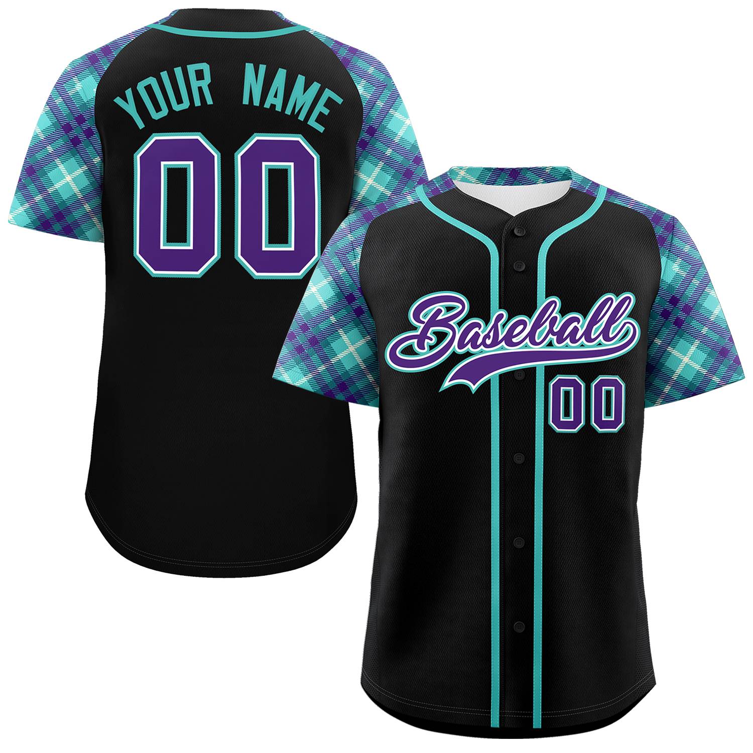 Custom Black Purple-Bright Green Personalized Raglan Sleeves Authentic Baseball Jersey