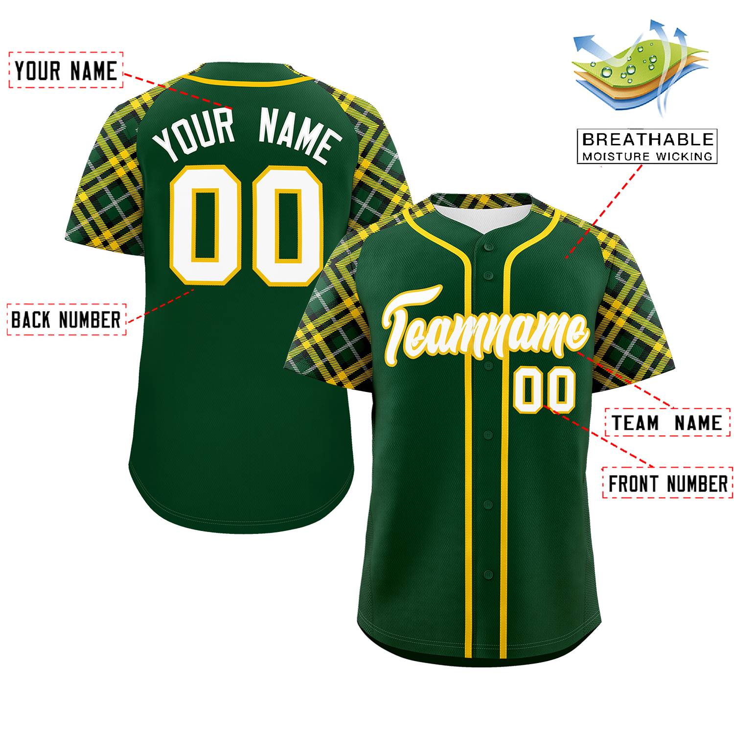 Custom Green White-Gold Personalized Raglan Sleeves Authentic Baseball Jersey