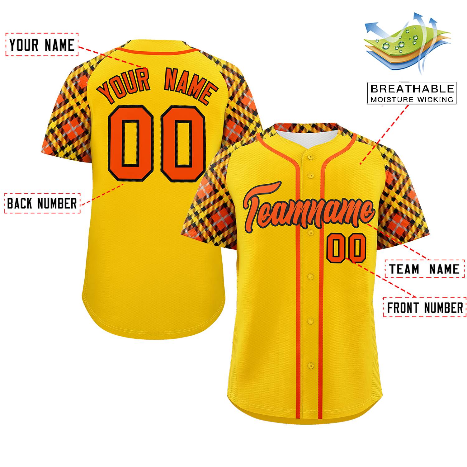 Custom Gold Orange-Black Personalized Raglan Sleeves Authentic Baseball Jersey