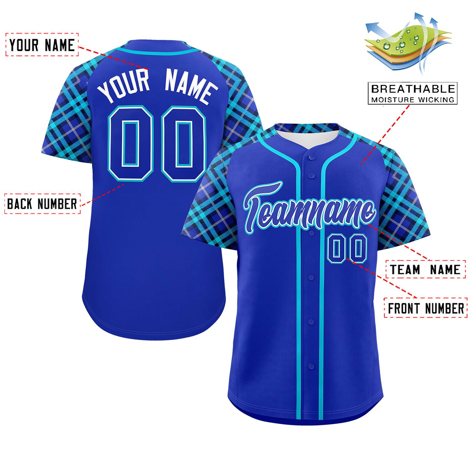 Custom Royal-Sky Blue Personalized Raglan Sleeves Authentic Baseball Jersey