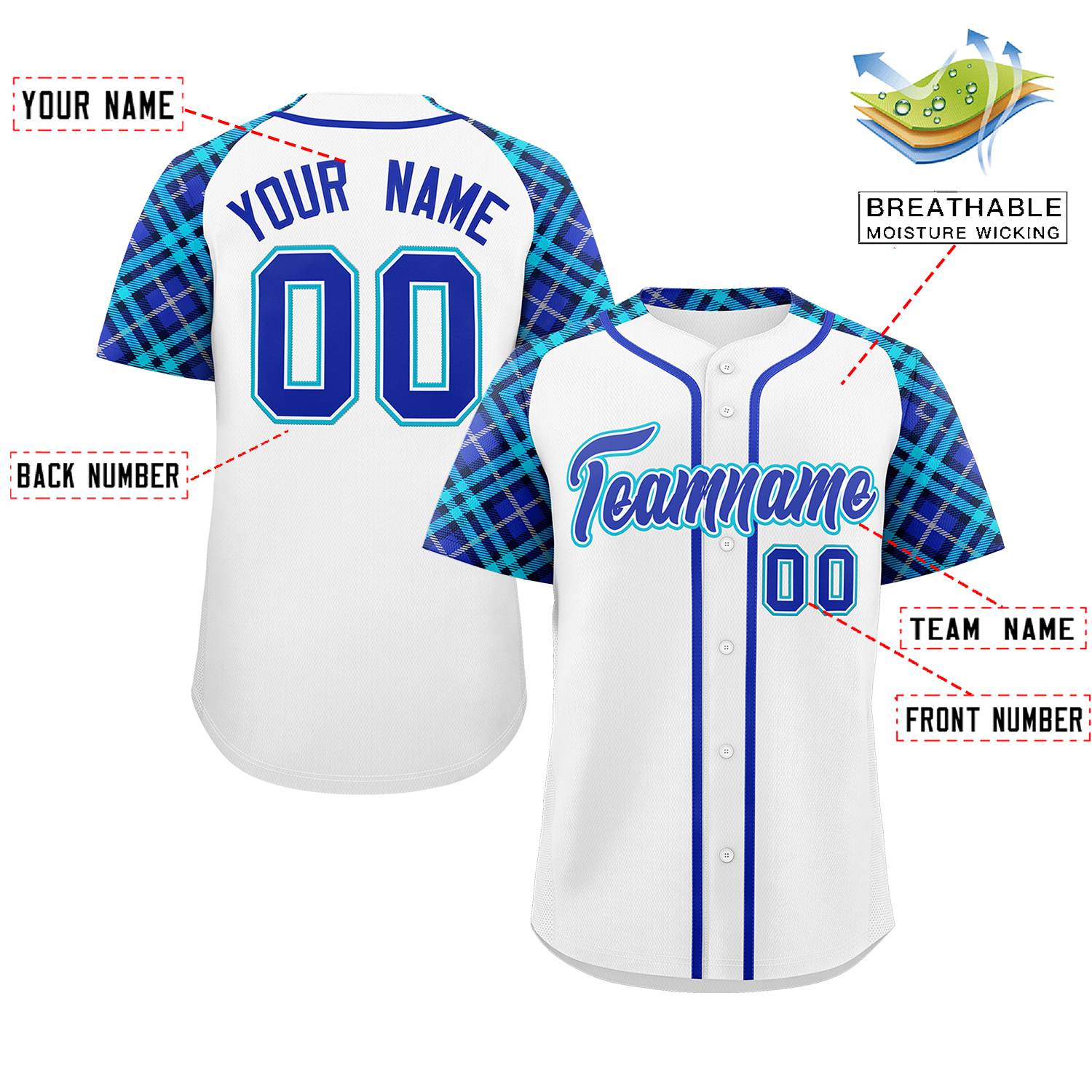 Custom White Royal-Sky Blue Personalized Raglan Sleeves Authentic Baseball Jersey