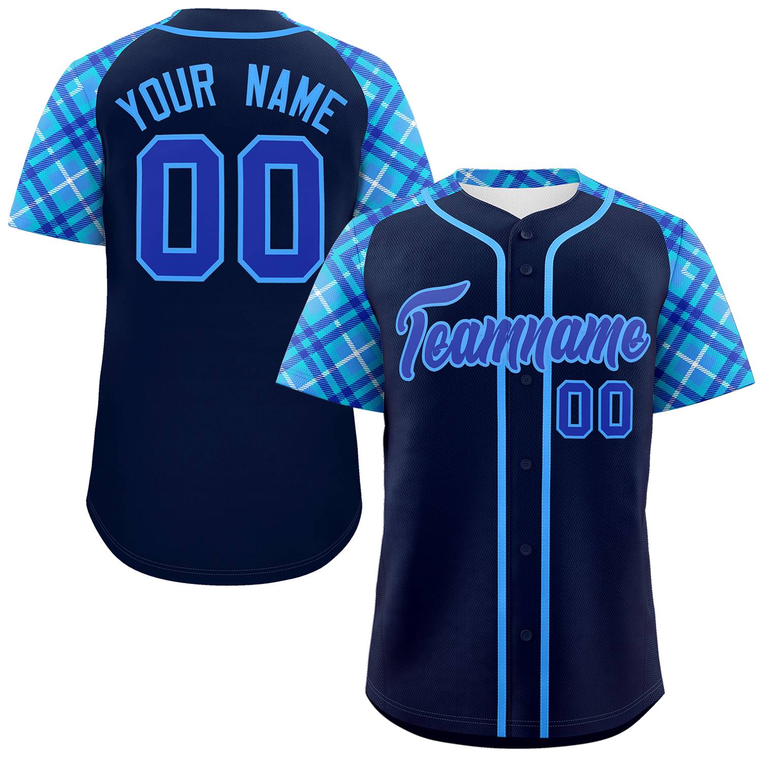 Custom Navy Royal-Powder Blue Personalized Raglan Sleeves Authentic Baseball Jersey