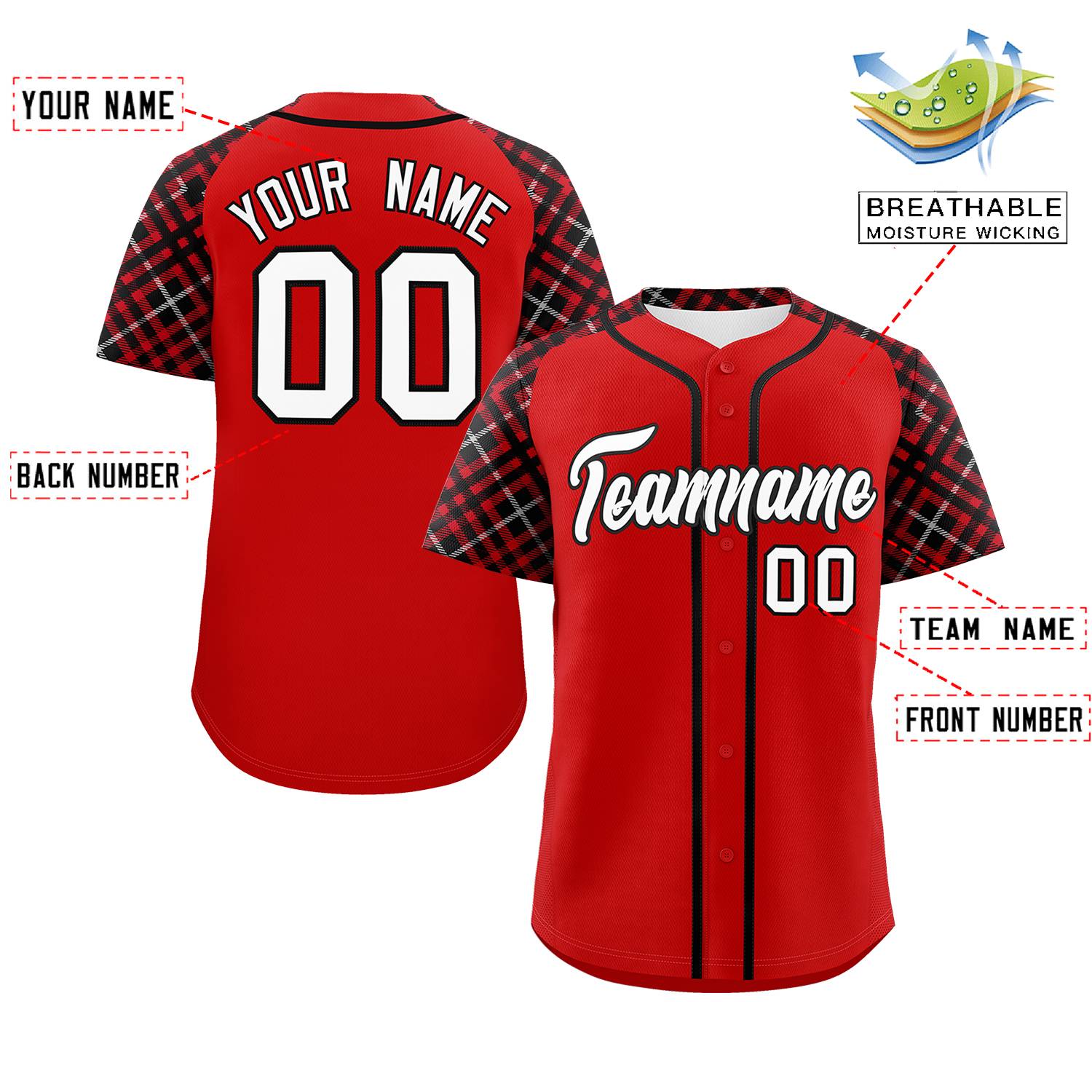 Custom Red White-Black Personalized Raglan Sleeves Authentic Baseball Jersey