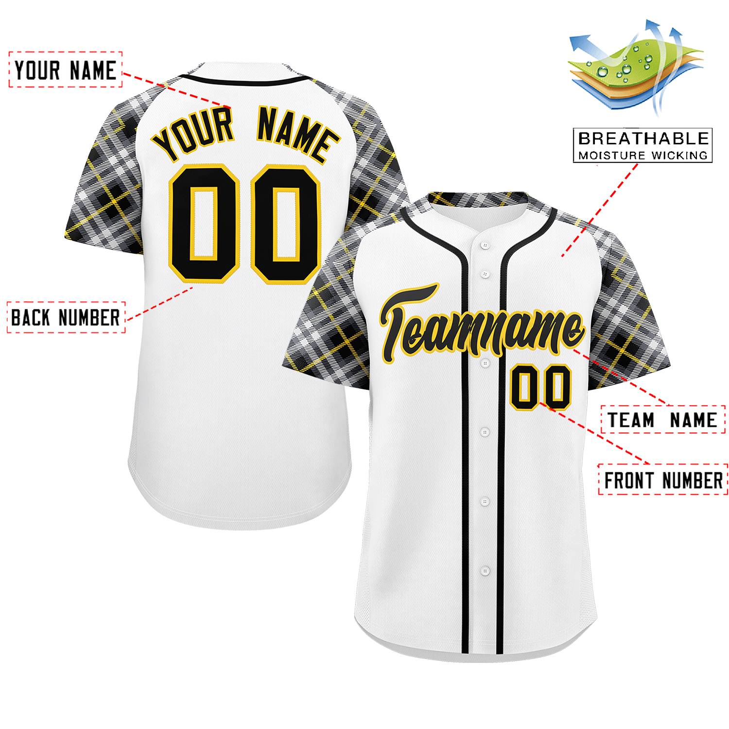 Custom White Black-Gold Personalized Raglan Sleeves Authentic Baseball Jersey