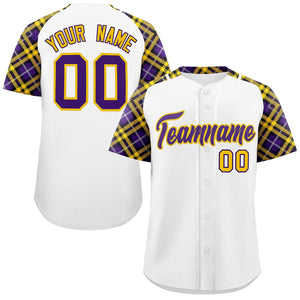 Custom White Purple-Gold Personalized Raglan Sleeves Authentic Baseball Jersey