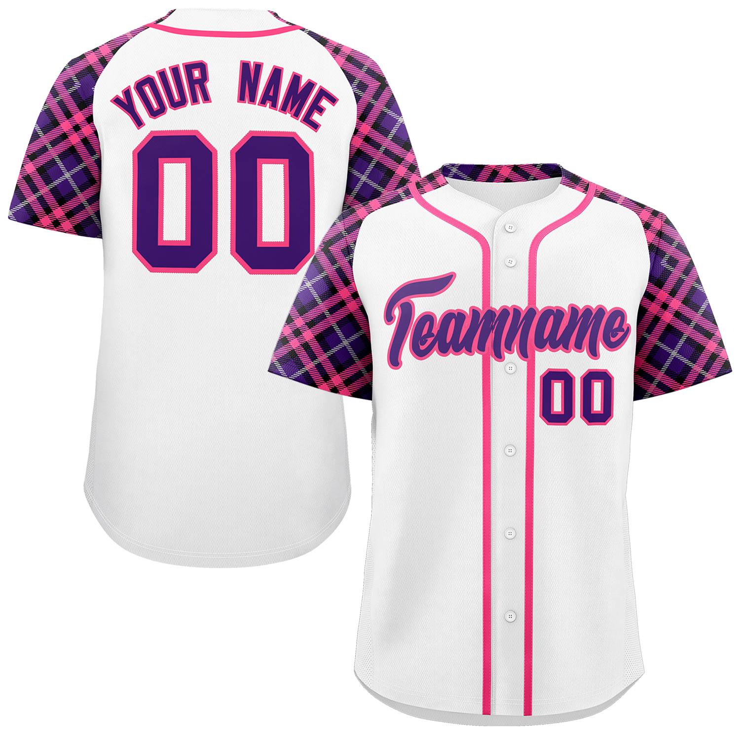 Custom White Purple-Pink Personalized Raglan Sleeves Authentic Baseball Jersey