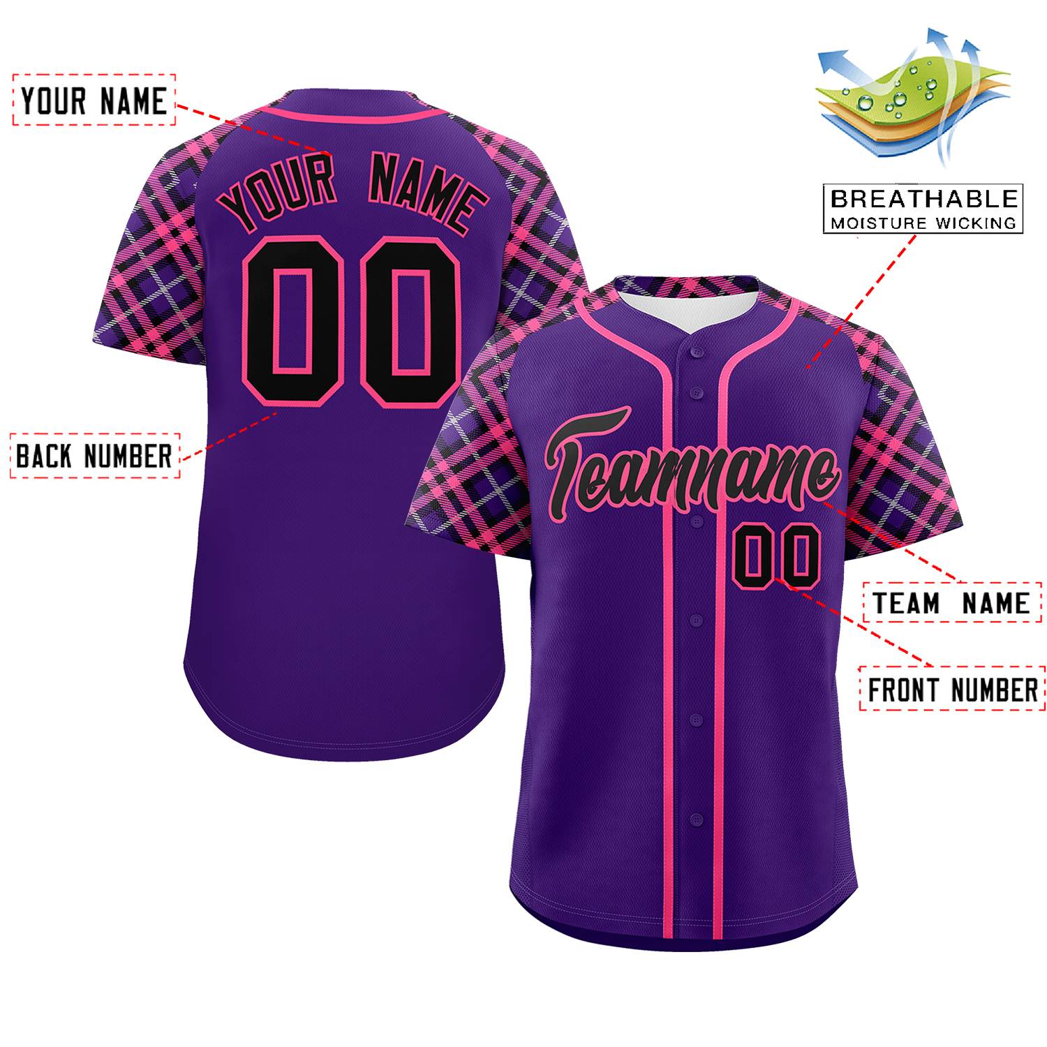 Custom Purple Black-Pink Personalized Raglan Sleeves Authentic Baseball Jersey