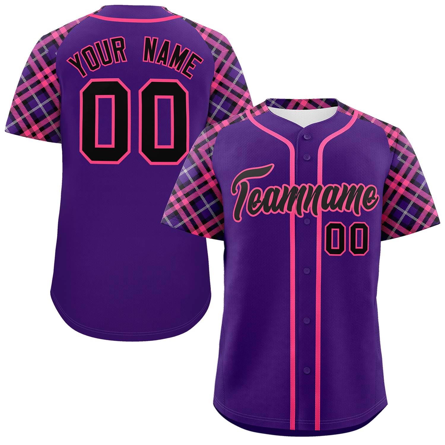 Custom Purple Black-Pink Personalized Raglan Sleeves Authentic Baseball Jersey