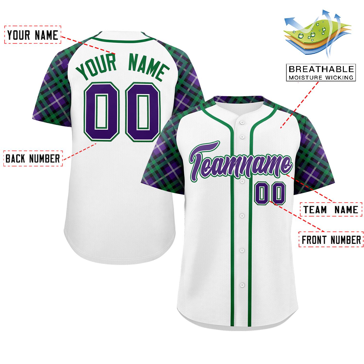 Custom White Purple-Kelly Green Personalized Raglan Sleeves Authentic Baseball Jersey