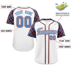 Custom White Light Blue-Crimson Personalized Raglan Sleeves Authentic Baseball Jersey