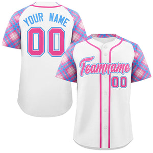 Custom White Pink-Powder Blue Personalized Raglan Sleeves Authentic Baseball Jersey