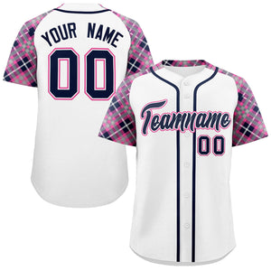 Custom White Navy-Pink Personalized Raglan Sleeves Authentic Baseball Jersey