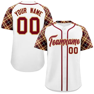 Custom White Crimson-Khaki Personalized Raglan Sleeves Authentic Baseball Jersey