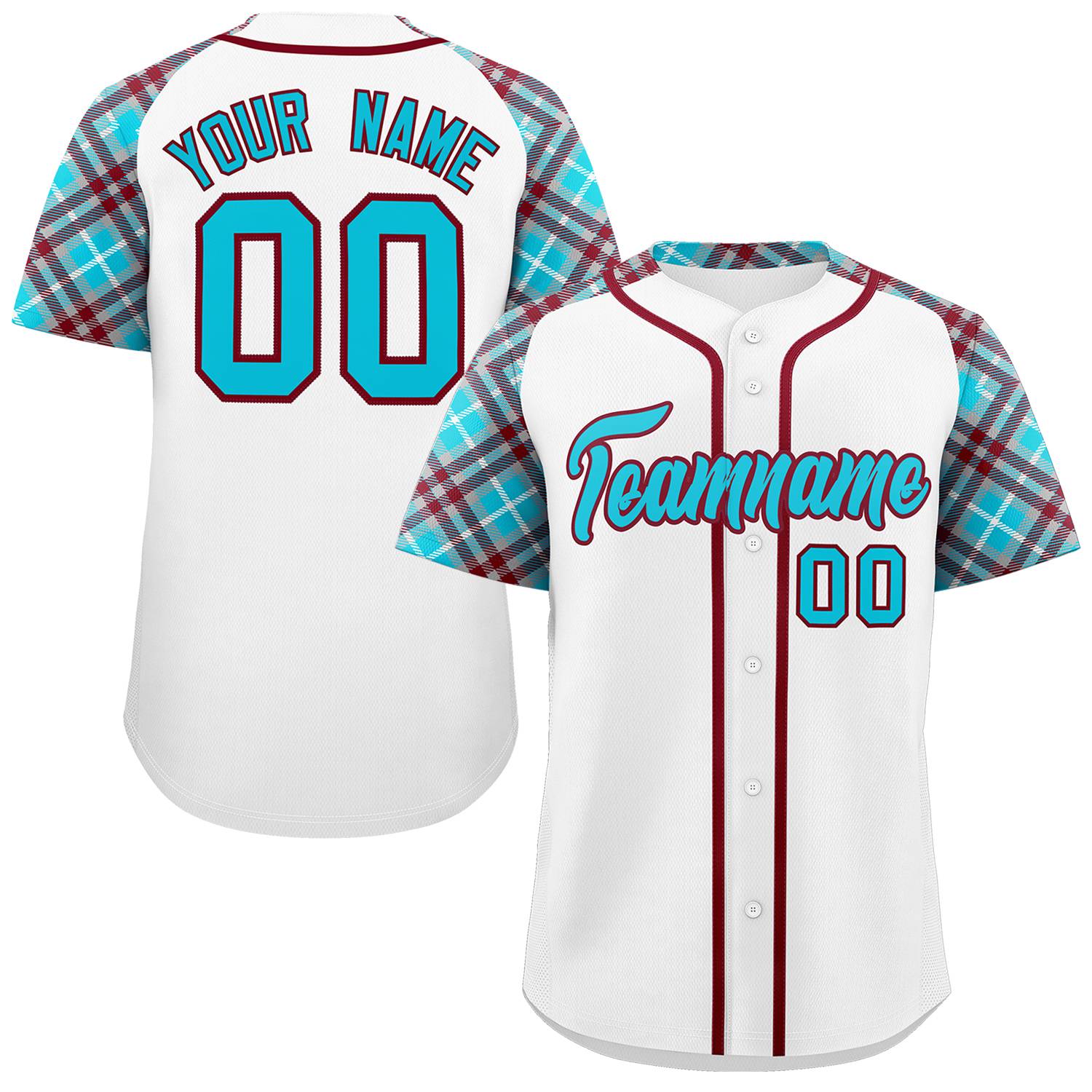 Custom White Sky Blue-Crimson Personalized Raglan Sleeves Authentic Baseball Jersey