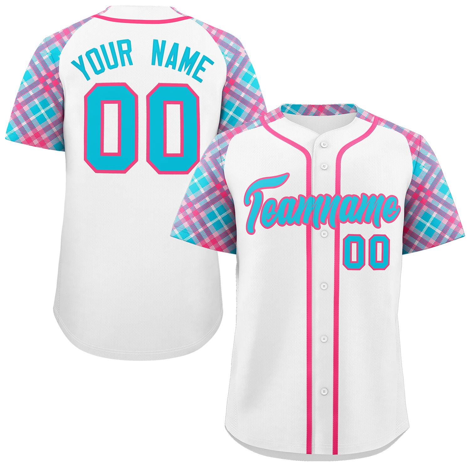 Custom White Powder Blue-Pink Personalized Raglan Sleeves Authentic Baseball Jersey