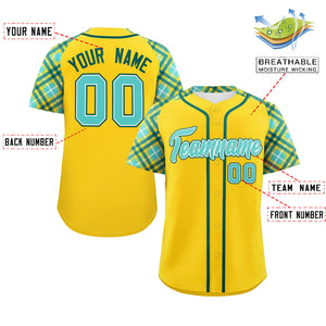 Custom Gold Bright Green-Midnight Green Personalized Raglan Sleeves Authentic Baseball Jersey