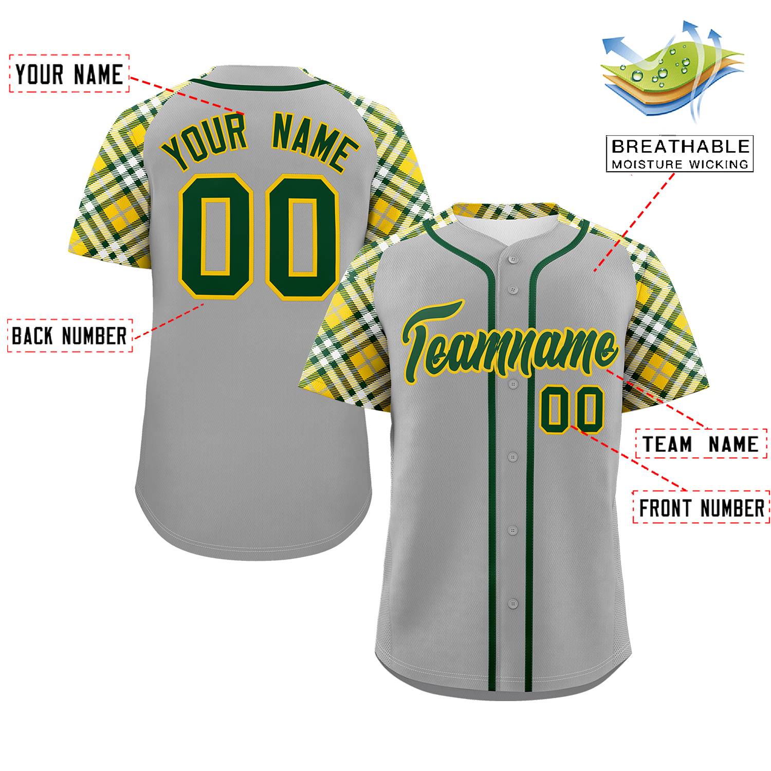 Custom Gray Green-Gold Personalized Raglan Sleeves Authentic Baseball Jersey