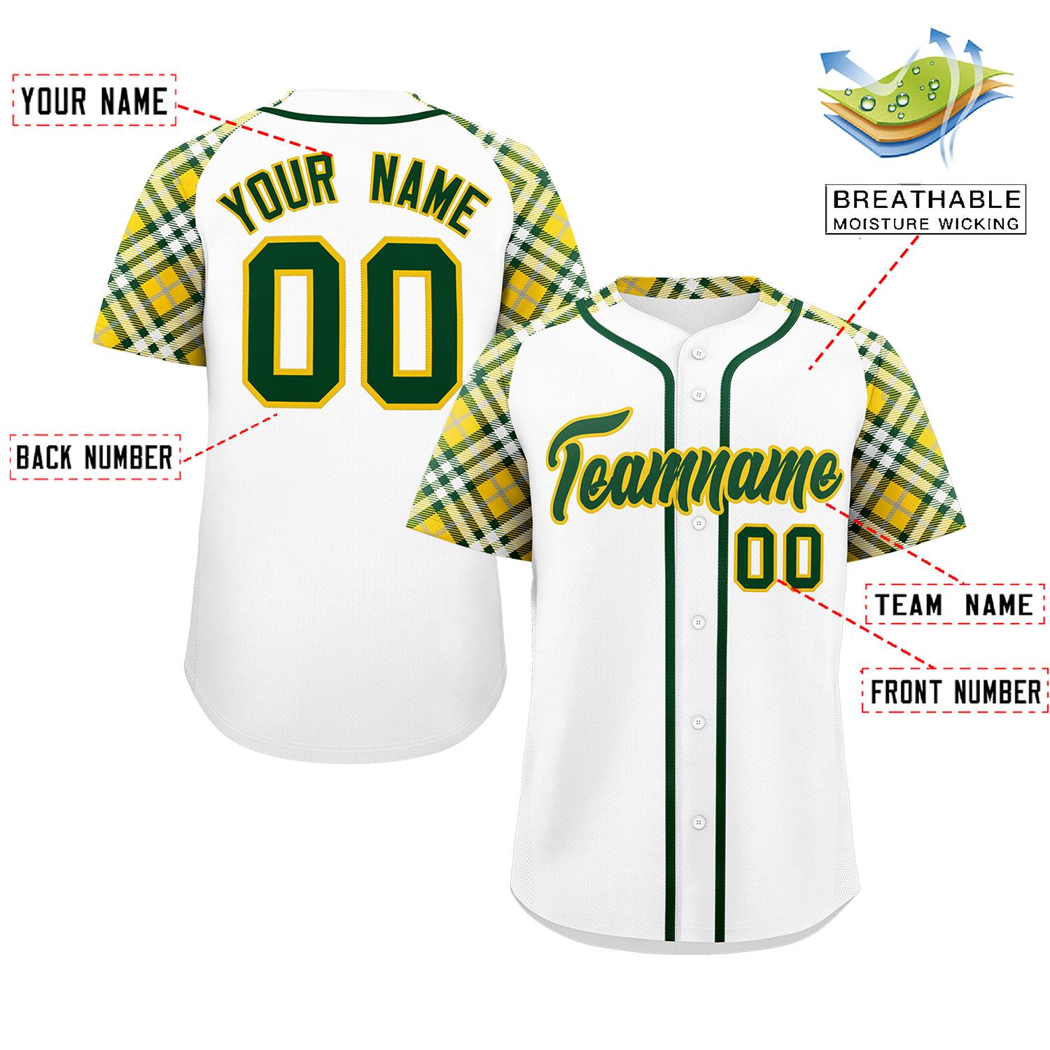 Custom White Green-Gold Personalized Raglan Sleeves Authentic Baseball Jersey