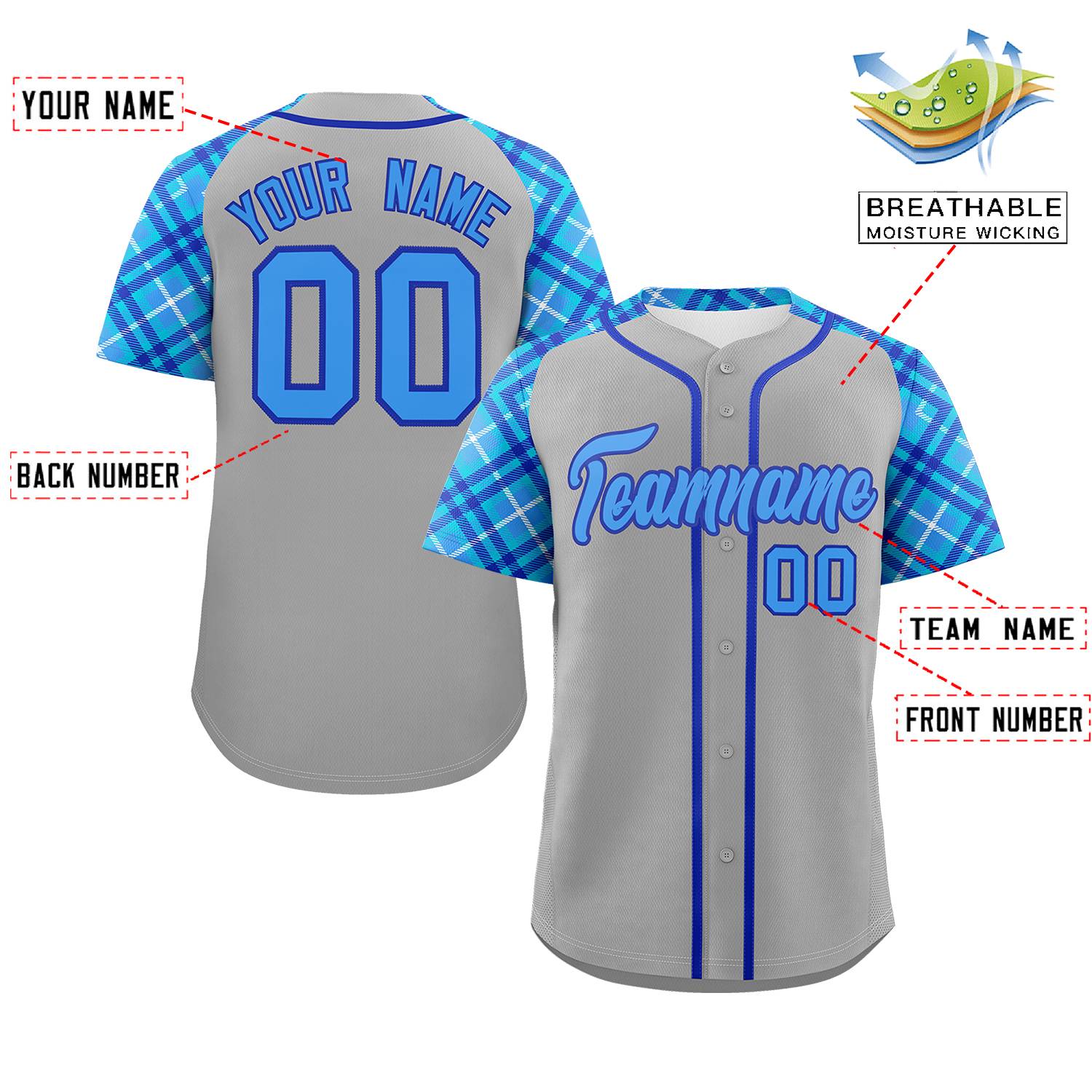 Custom Gray Powder Blue-Royal Personalized Raglan Sleeves Authentic Baseball Jersey