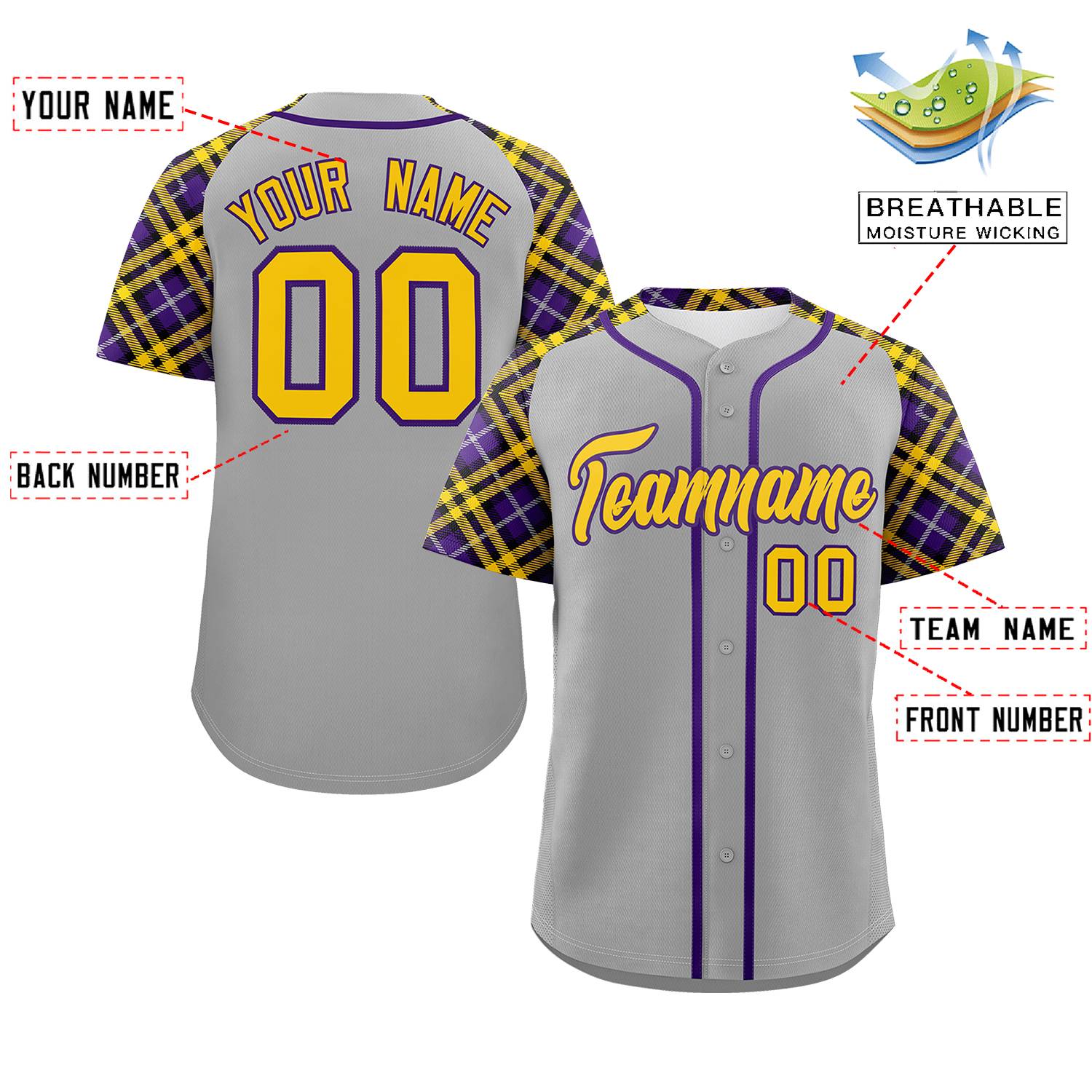 Custom Gray Gold-Purple Personalized Raglan Sleeves Authentic Baseball Jersey