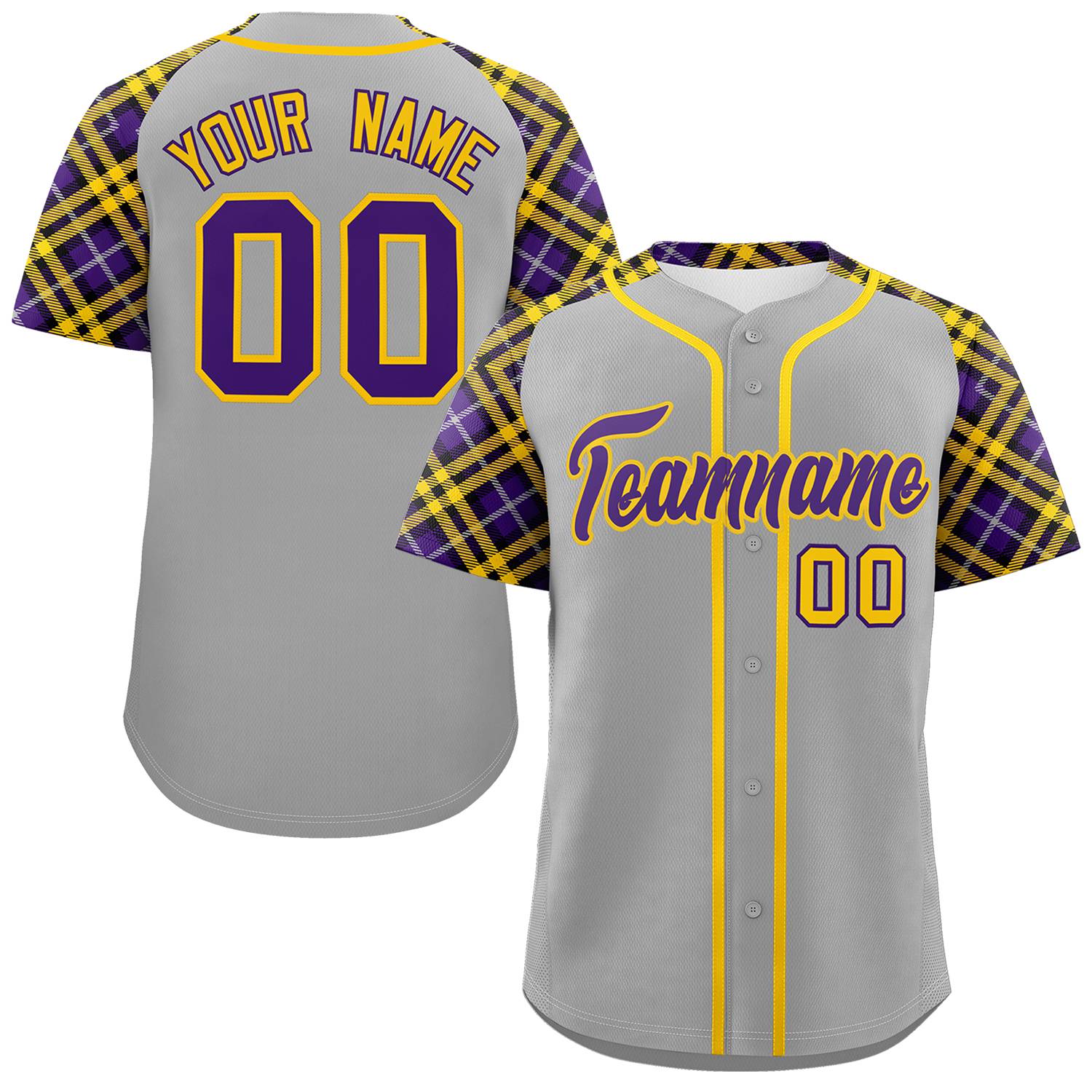 Custom Gray Purple-Gold Personalized Raglan Sleeves Authentic Baseball Jersey