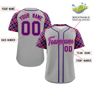 Custom Gray Purple-Pink Personalized Raglan Sleeves Authentic Baseball Jersey