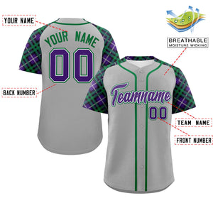 Custom Gray Purple-Kelly Green Personalized Raglan Sleeves Authentic Baseball Jersey