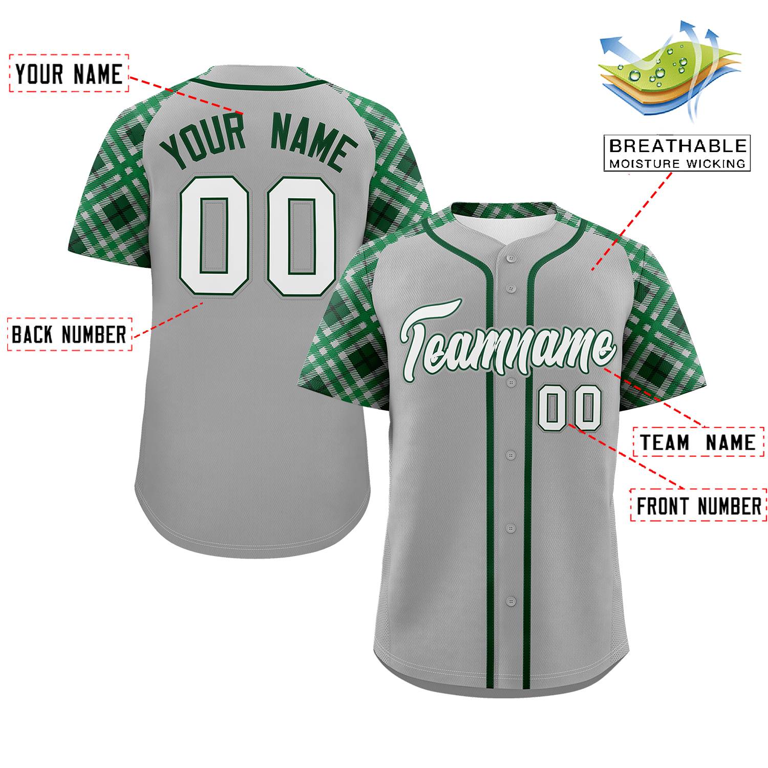 Custom Gray White-Kelly Green Personalized Raglan Sleeves Authentic Baseball Jersey