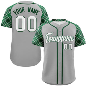 Custom Gray White-Kelly Green Personalized Raglan Sleeves Authentic Baseball Jersey